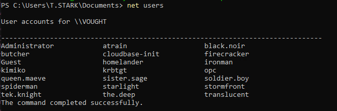 net user command output on VOUGHT showing characters like Butcher, Kimiko, Queen, Spider-Man from parent domain